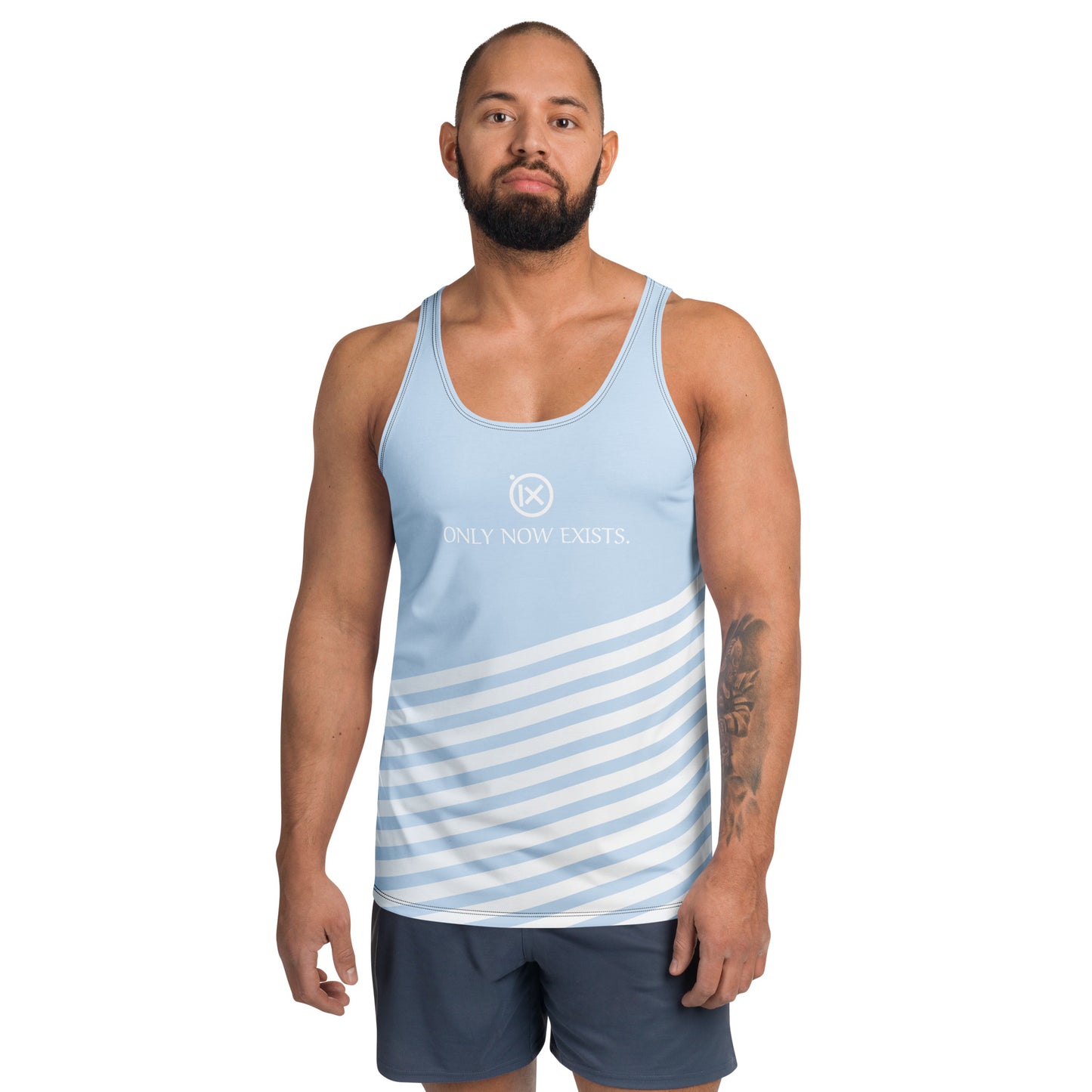 Men's performance tank top, light blue with diagonal white stripes and crewneck logo