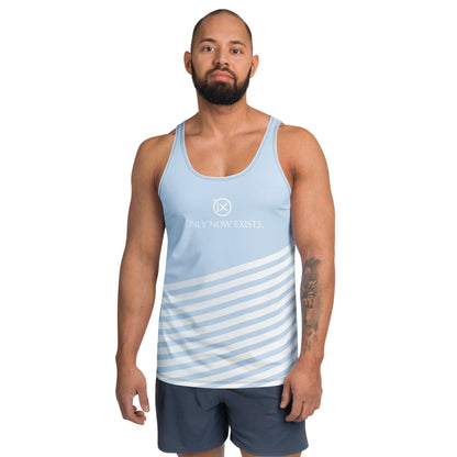 Men's performance tank top, light blue with diagonal white stripes and crewneck logo