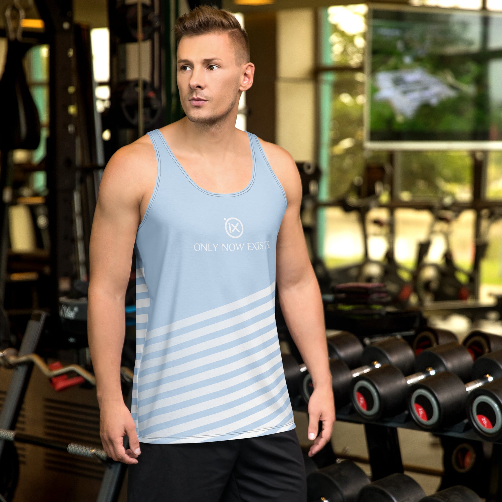 Men's performance tank top, light blue with diagonal white stripes and front text graphic