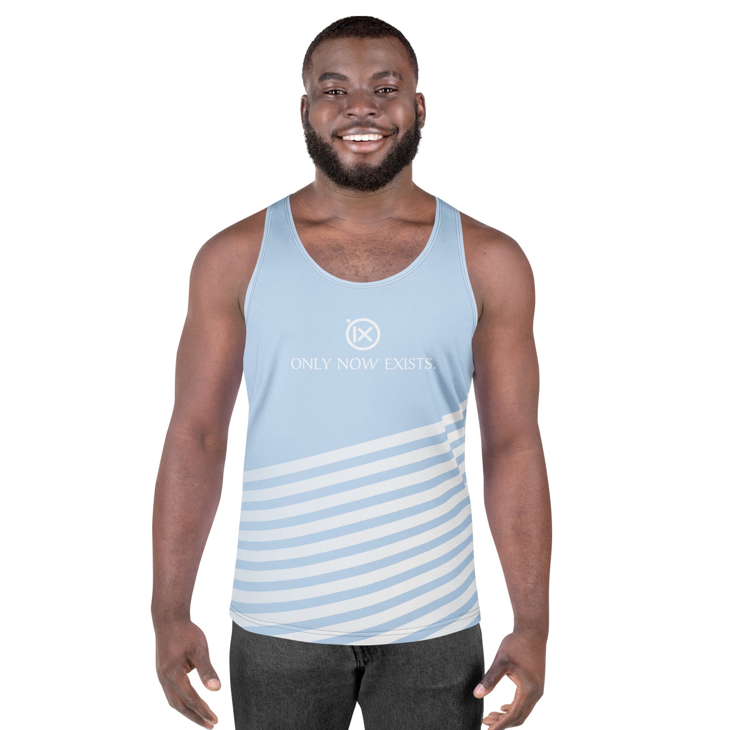 Men's performance tank top in light blue with white horizontal stripe panel