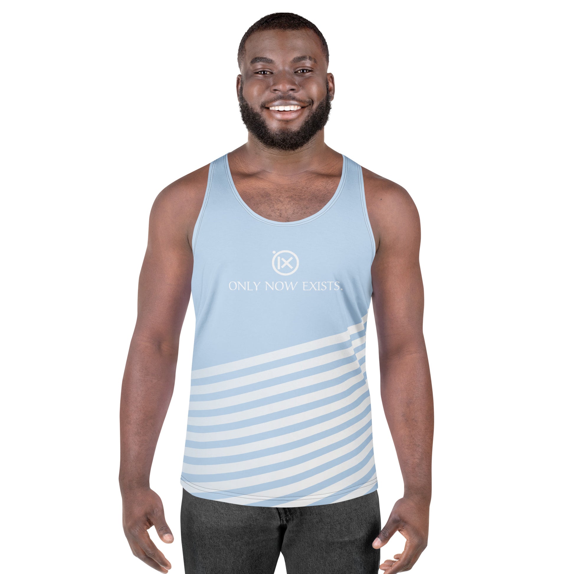 Men's performance tank top in light blue with white horizontal stripe panel