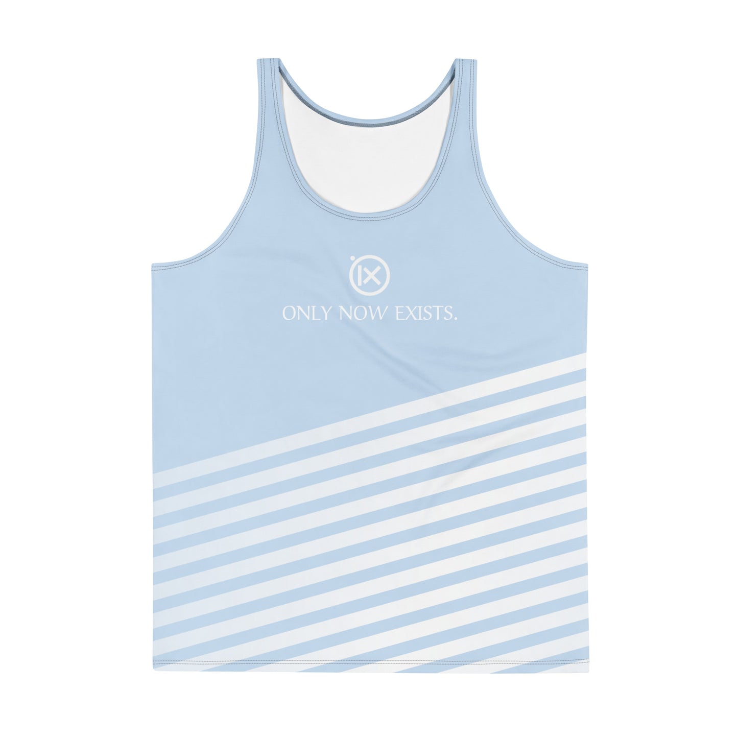 Men's performance tank top, light blue with diagonal white stripes and scoop neck