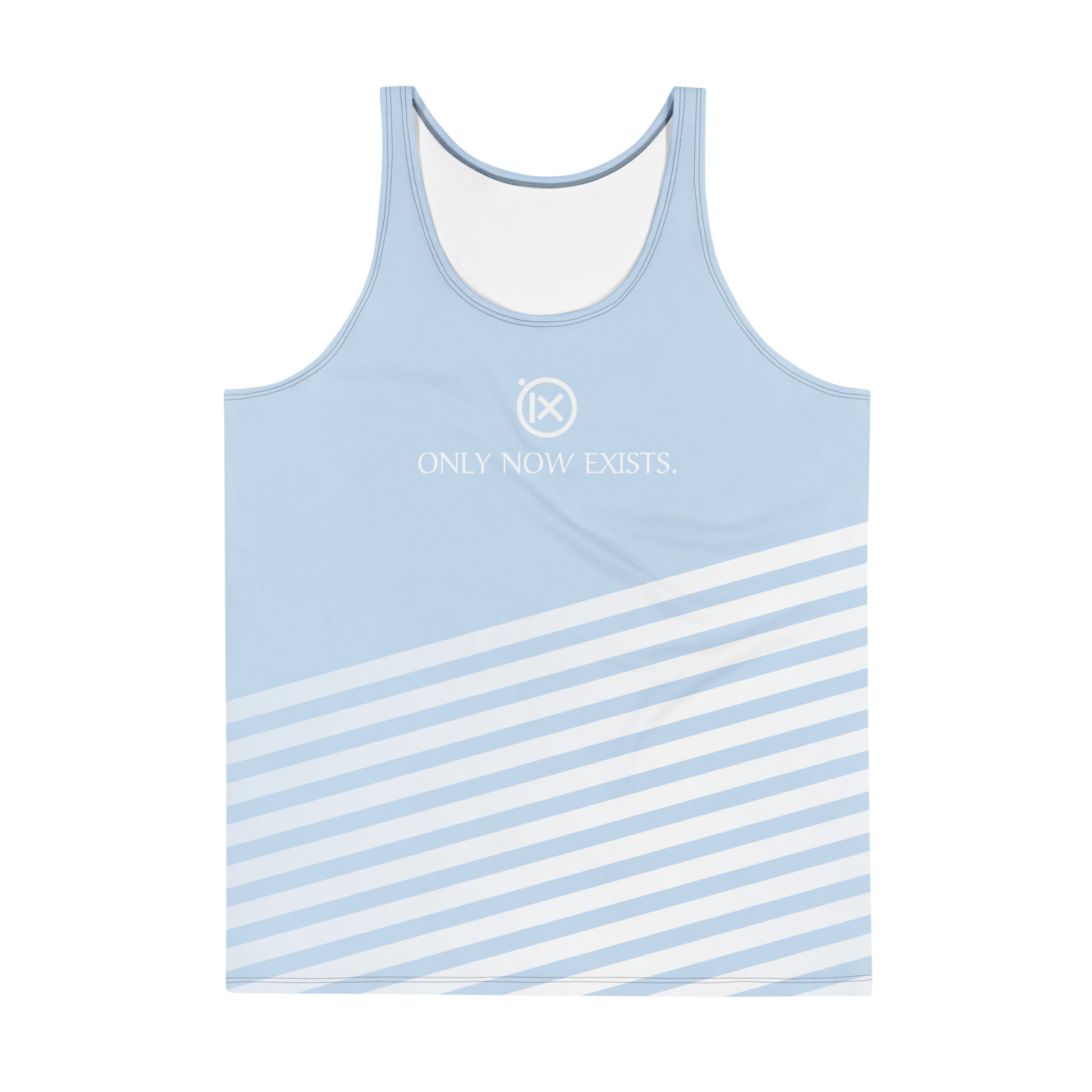 Men's performance tank top, light blue with diagonal white stripes and scoop neck