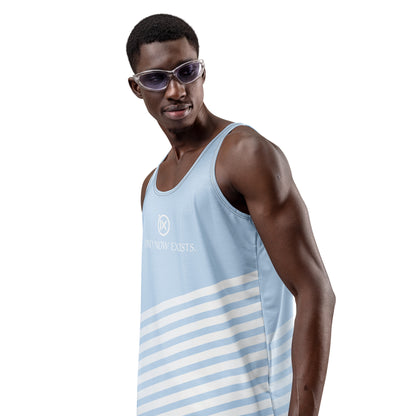 Men's performance tank top, light blue with diagonal white stripes and front logo