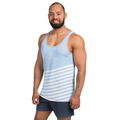 Men's performance tank top, light blue with diagonal white stripes and front graphic