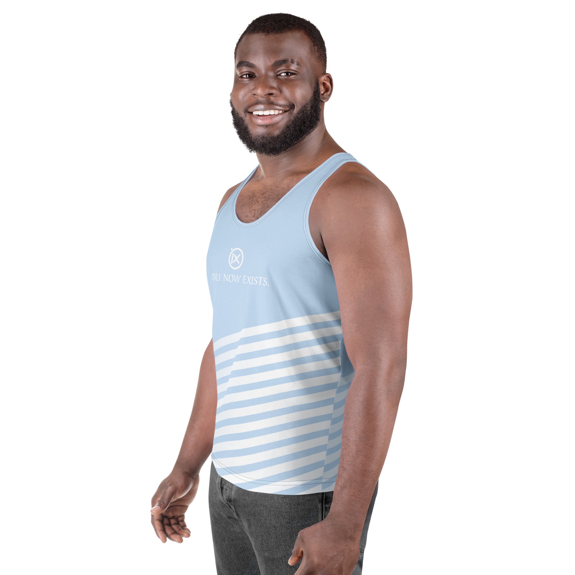 Men's performance tank top in light blue with white stripe panel, sleeveless