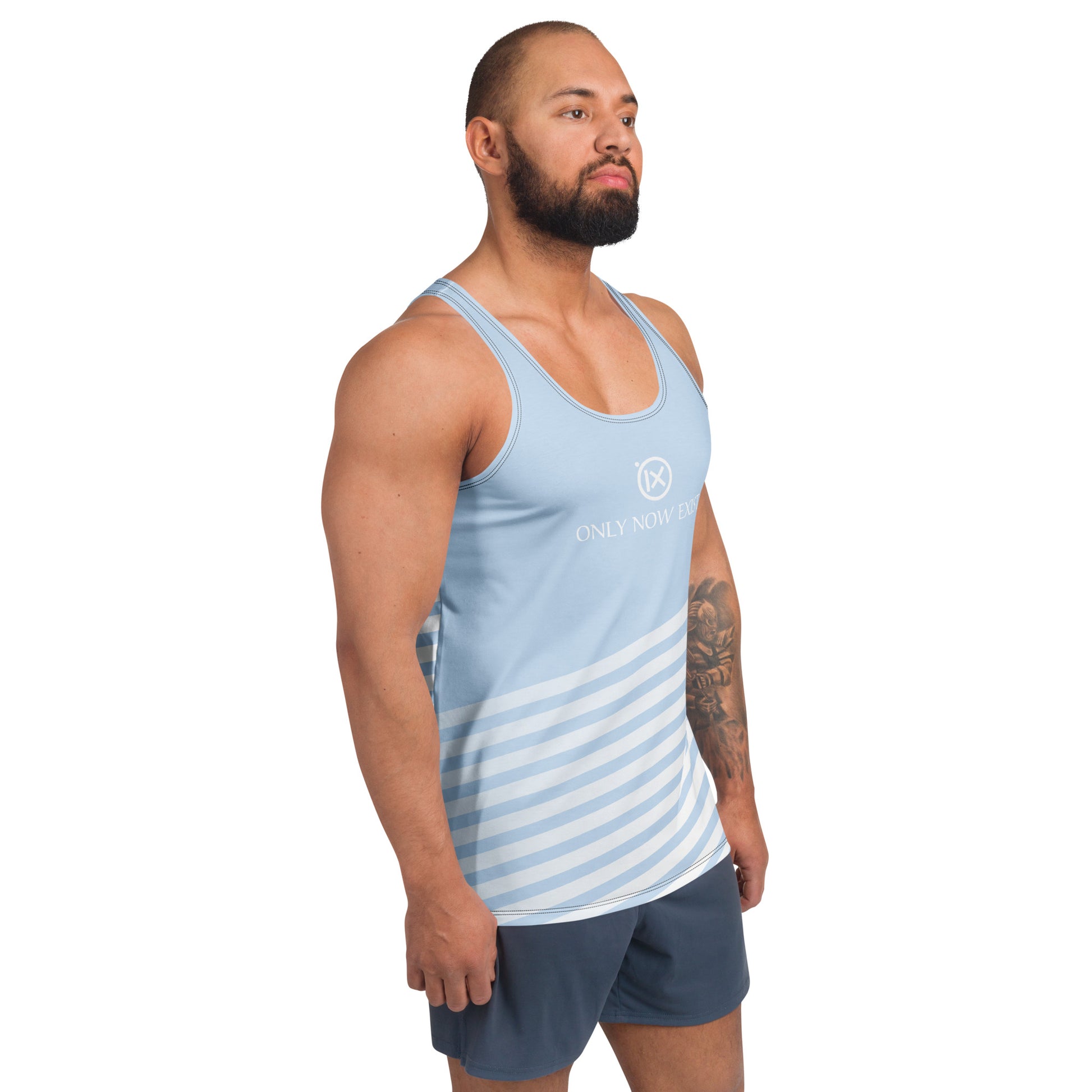 Men's performance tank top, light blue with diagonal white stripes; side profile