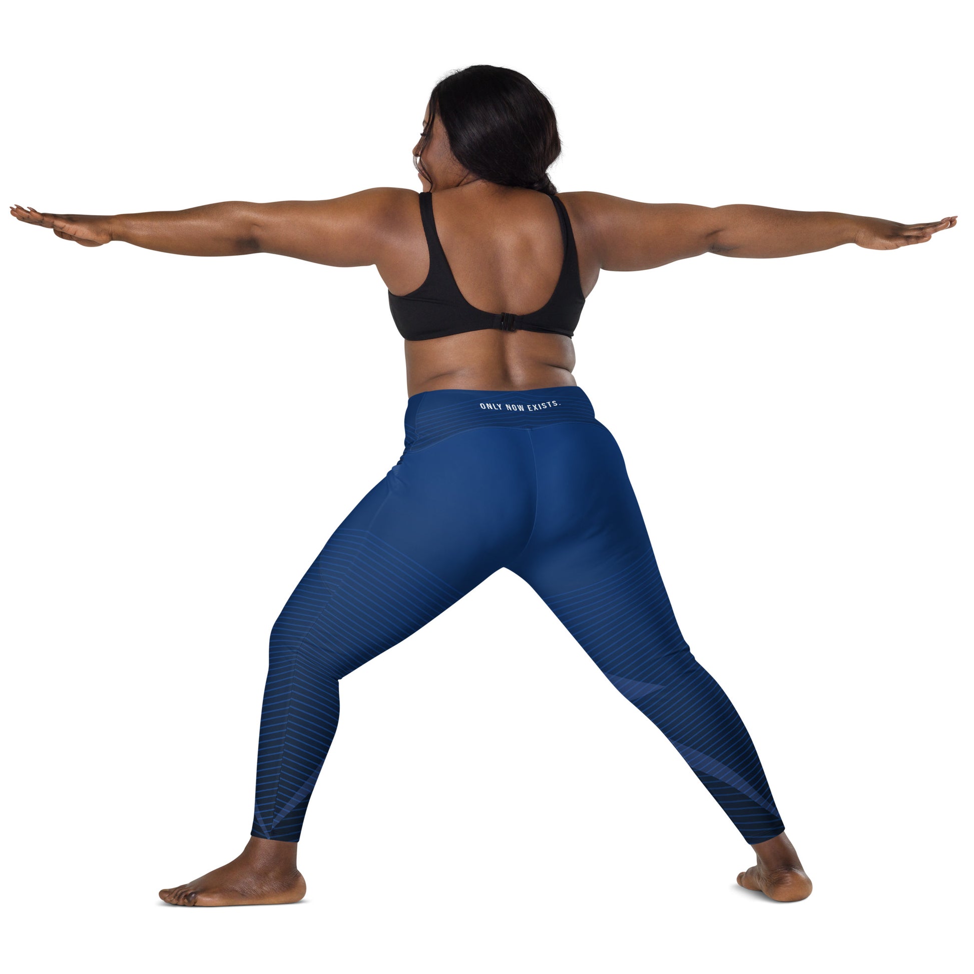 Dark blue performance leggings, full length, with striped pattern and waistband branding