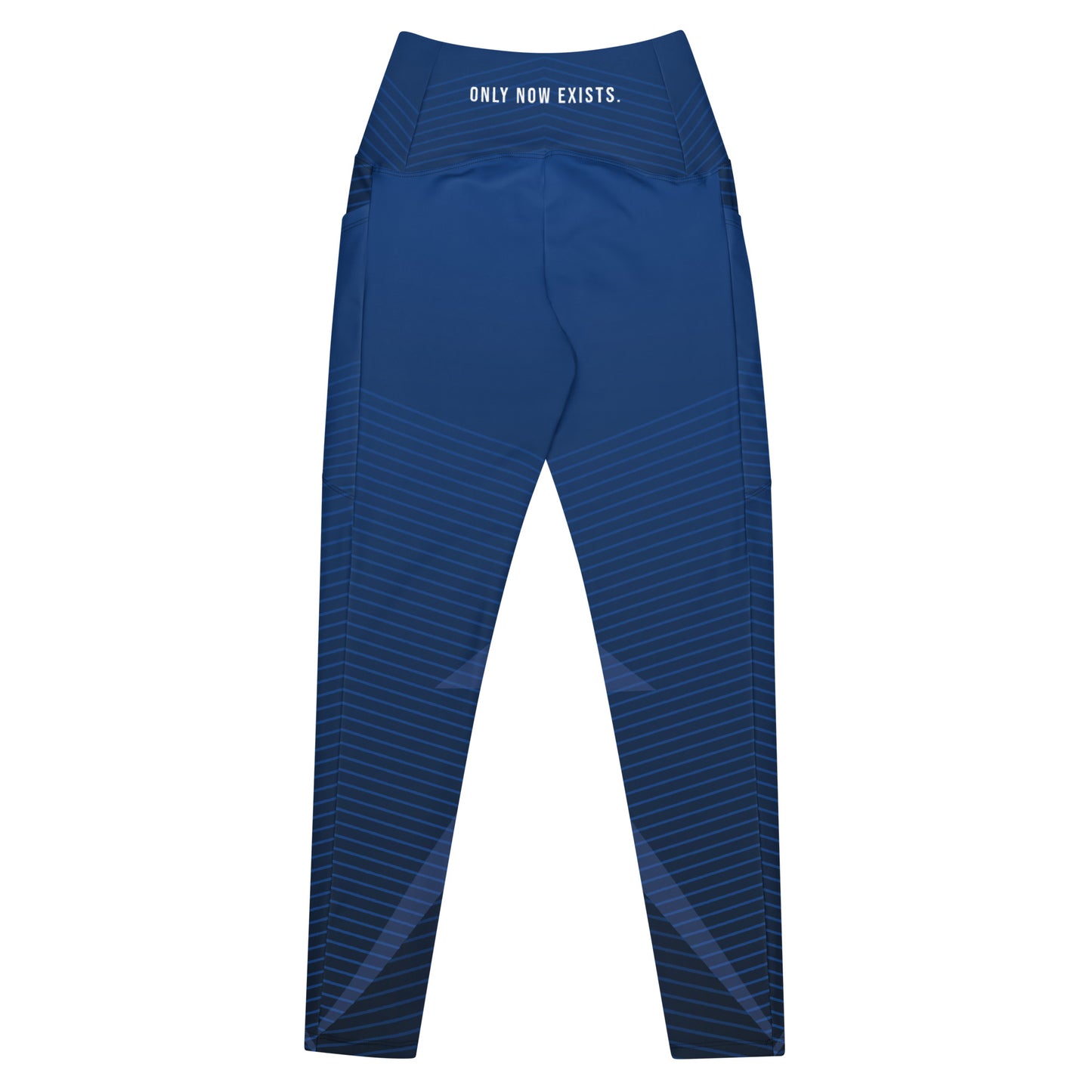 Blue performance leggings, diagonal stripe pattern, elastic waistband with text logo.