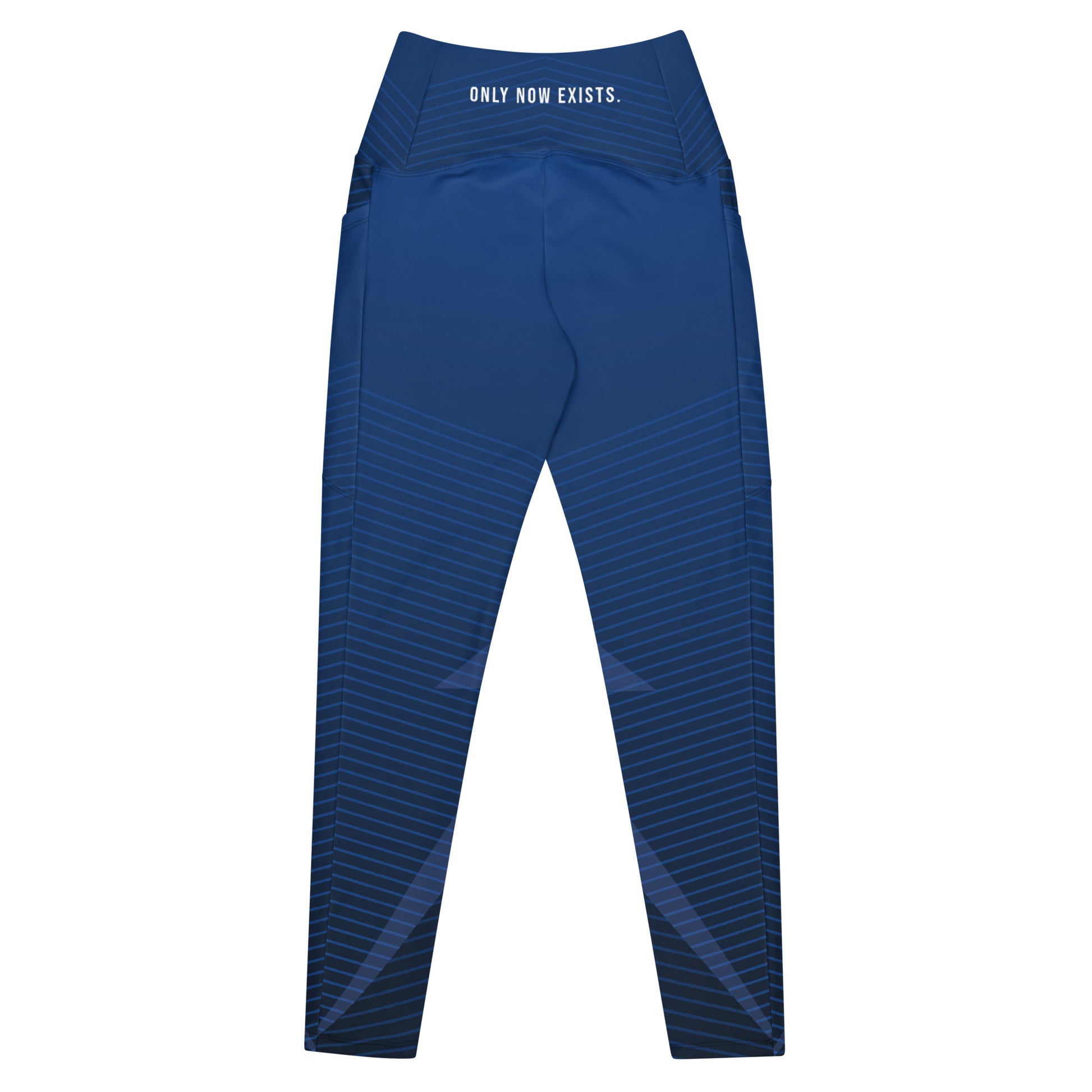 Blue performance leggings, diagonal stripe pattern, elastic waistband with text logo.