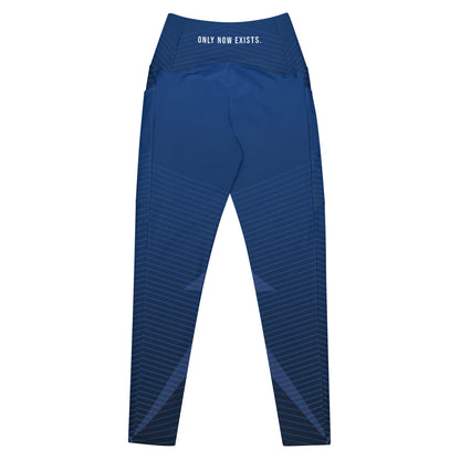 Blue performance leggings, diagonal stripe pattern, elastic waistband with text logo.