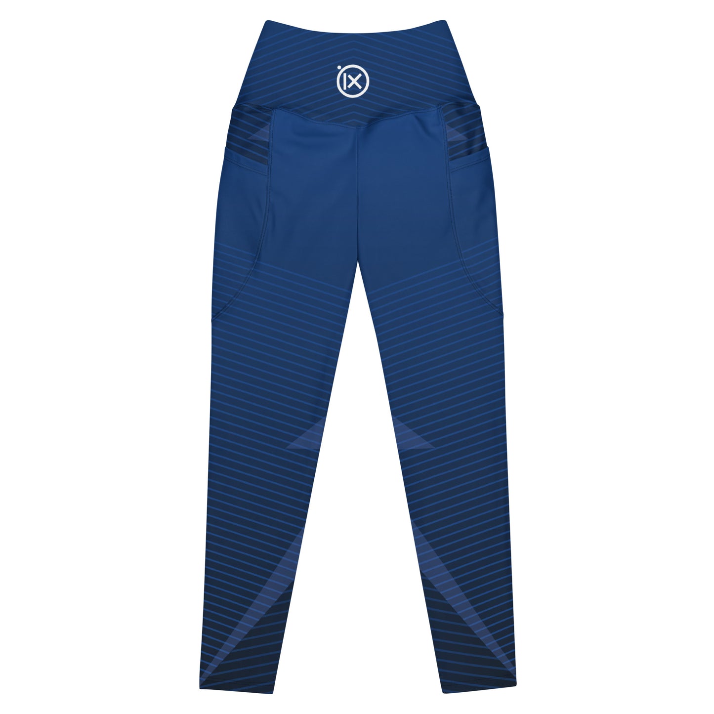 Blue patterned performance leggings back view, elastic waistband with round logo mark.