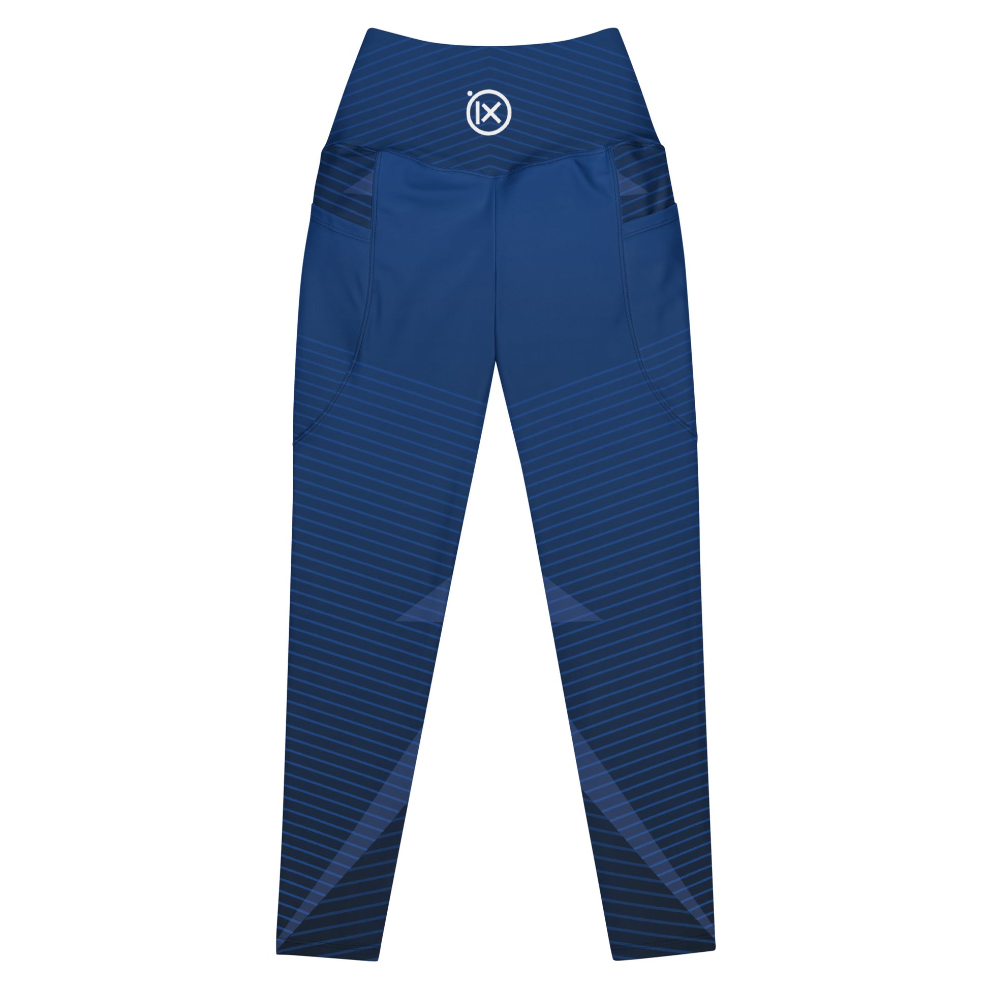 Blue patterned performance leggings back view, elastic waistband with round logo mark.