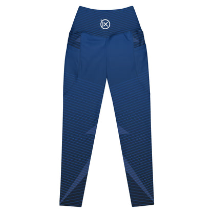 Blue patterned performance leggings back view, elastic waistband with round logo mark.