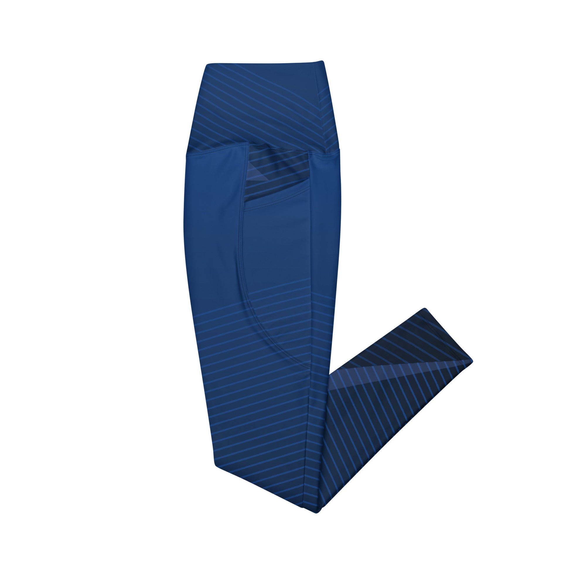 Blue diagonal stripe performance leggings with side seam pocket and smooth ankle cuff.