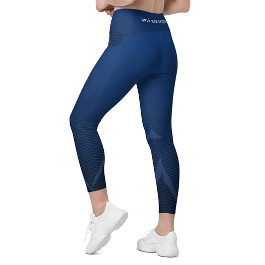 Blue performance leggings with diagonal stripe pattern, ankle length, and smooth waistband.