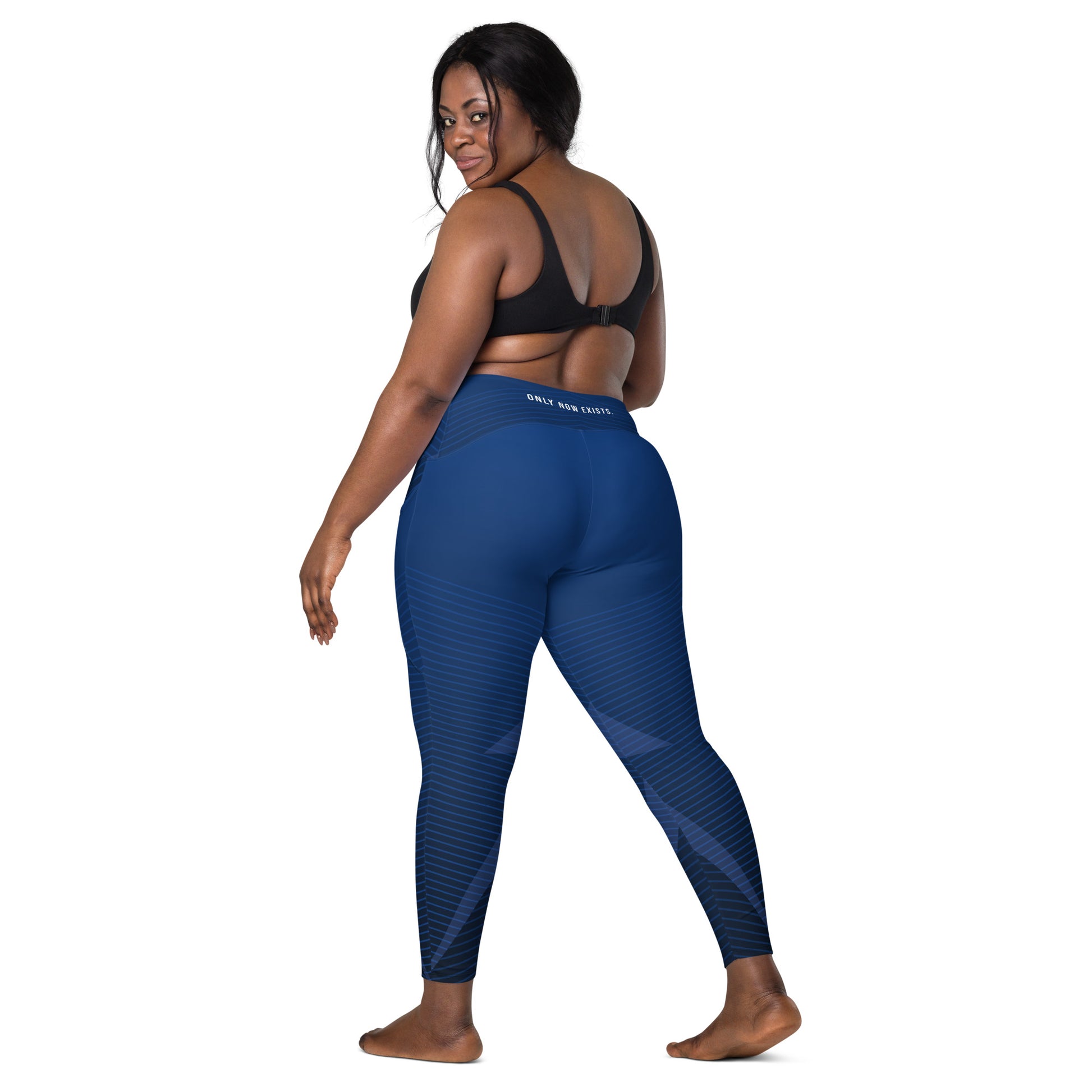Dark blue performance leggings with stripe pattern and high-rise waistband