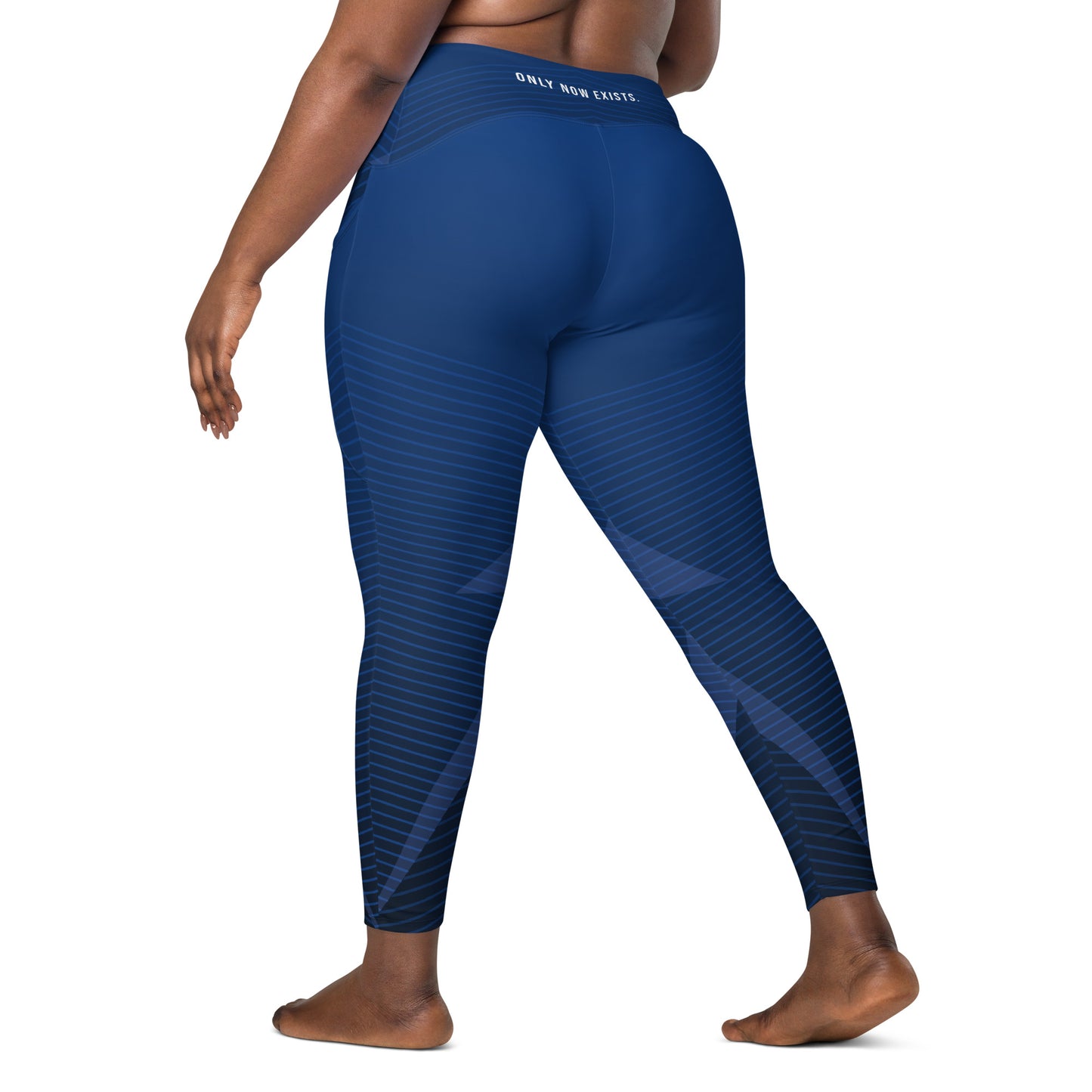 Dark blue performance leggings with front seam details and striped pattern
