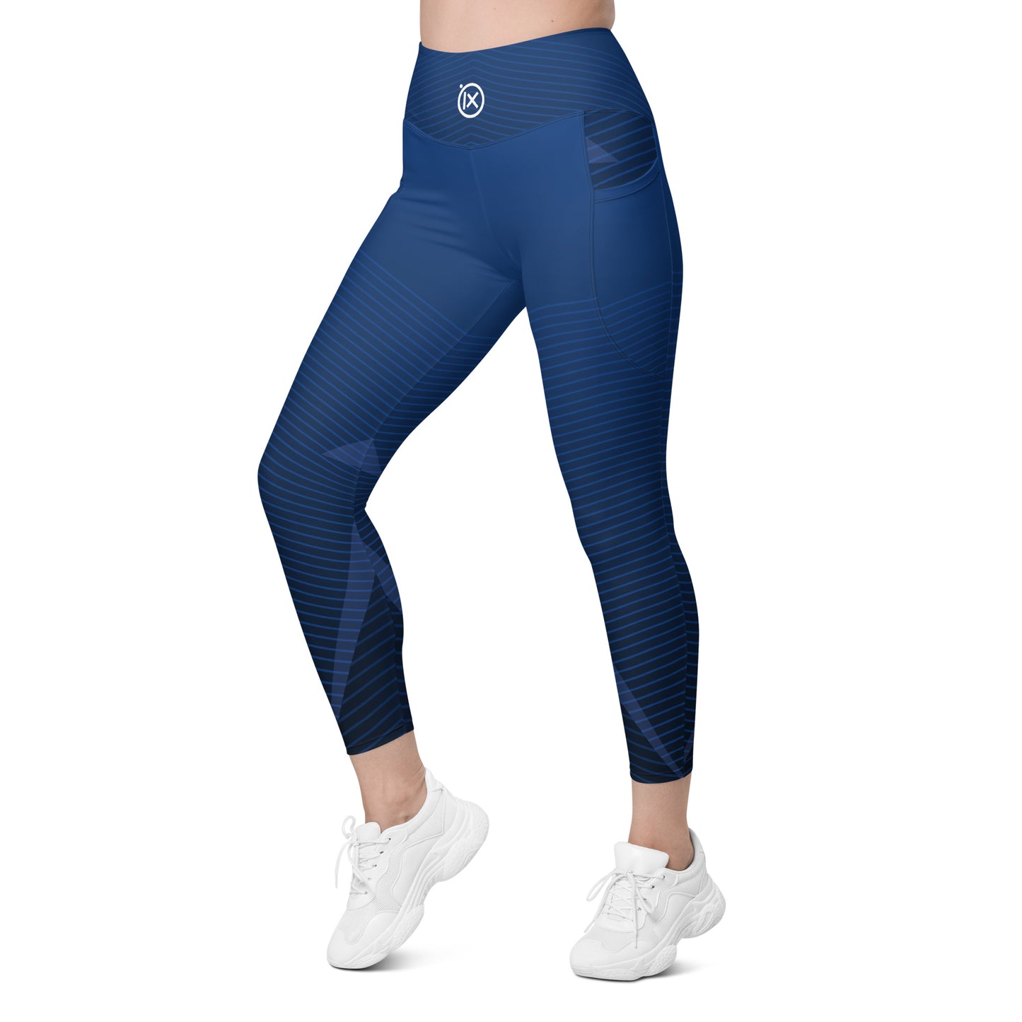 Dark blue performance leggings with striped pattern and high-rise waistband