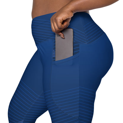 Dark blue performance leggings with back pocket and striped pattern