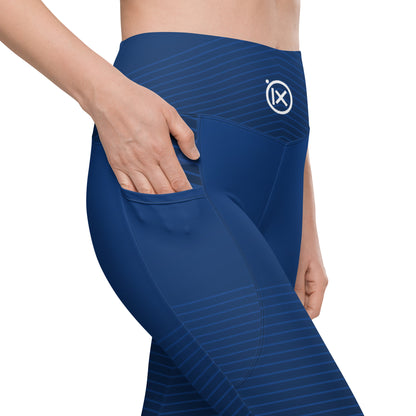 Dark blue performance leggings with back pocket and curved seam lines