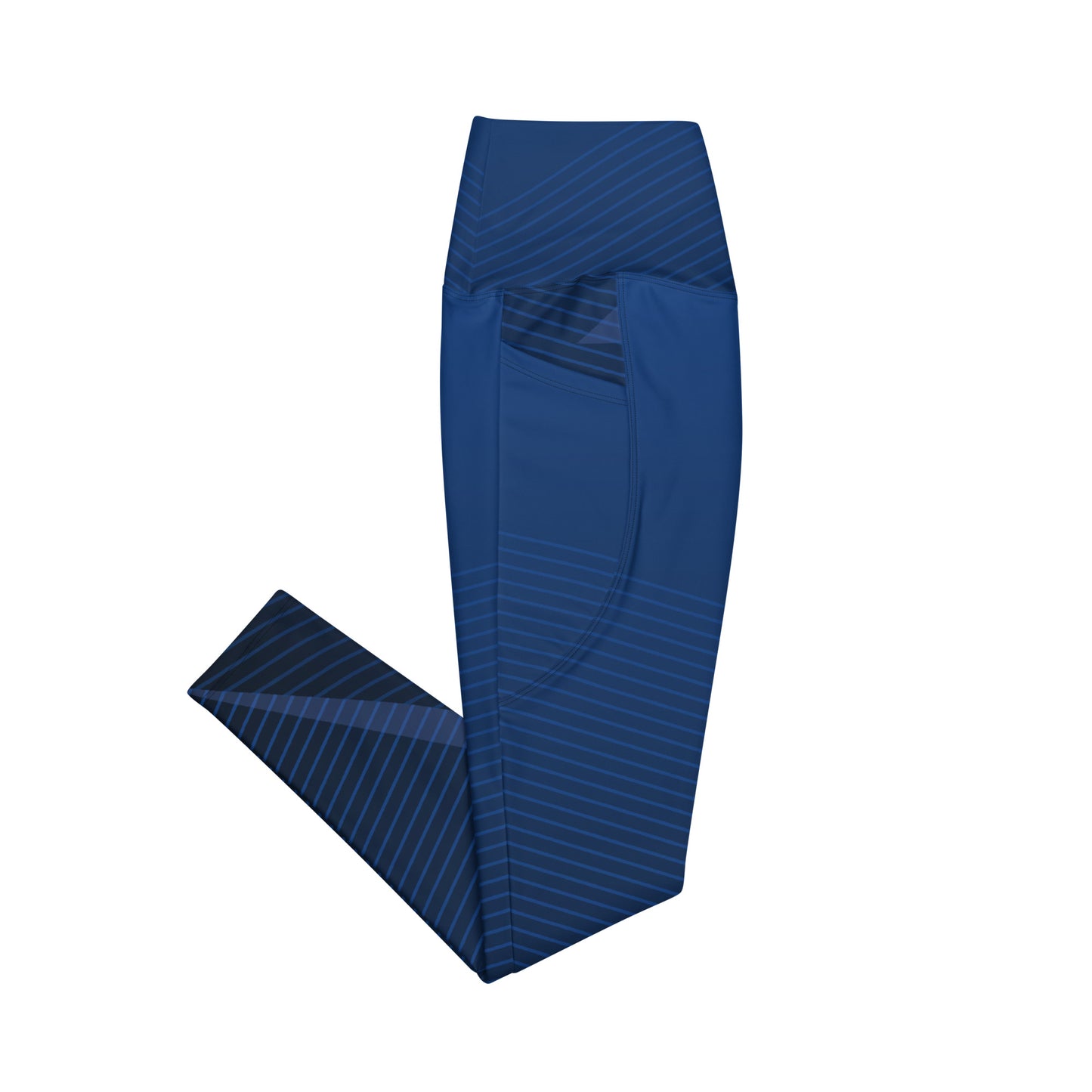 Blue patterned performance leggings with elastic waistband and inner pocket panel detail.