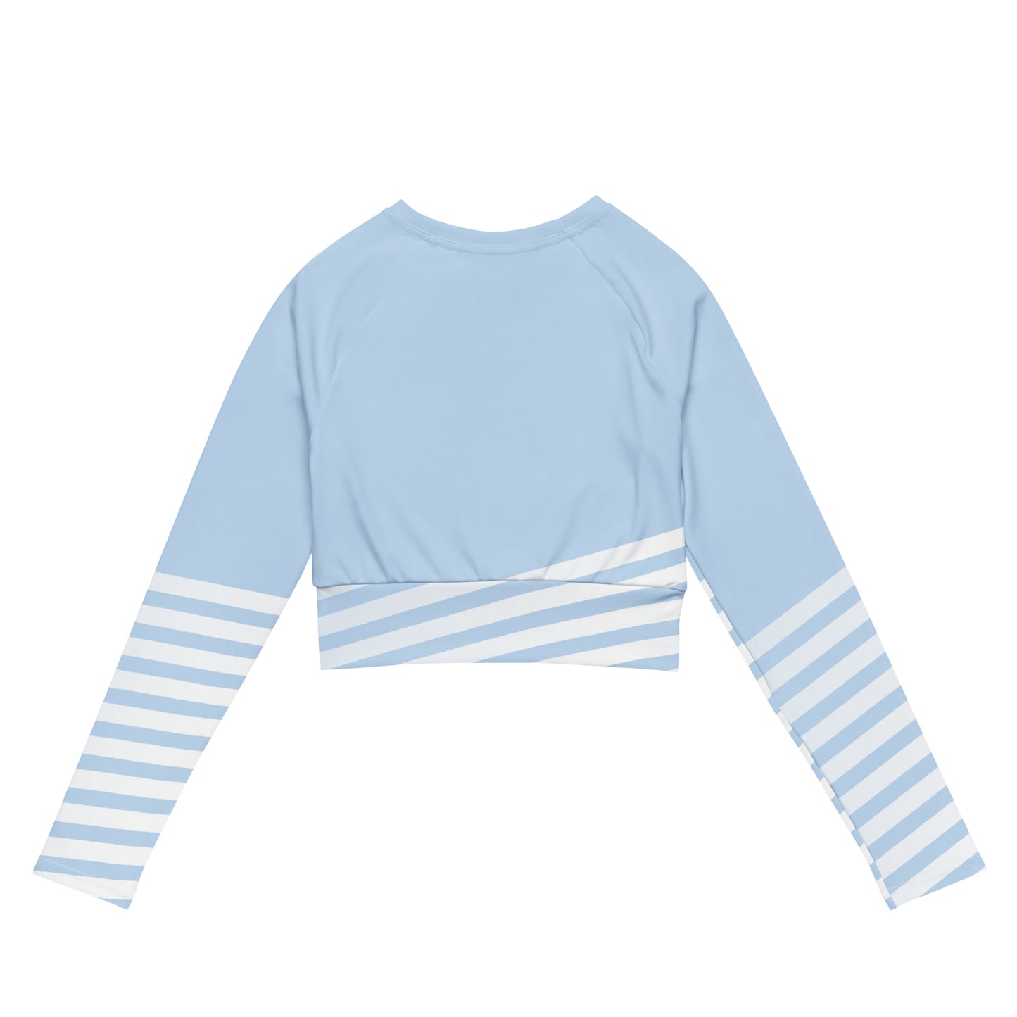 Light blue long-sleeve crop top with white-and-blue striped band across hem