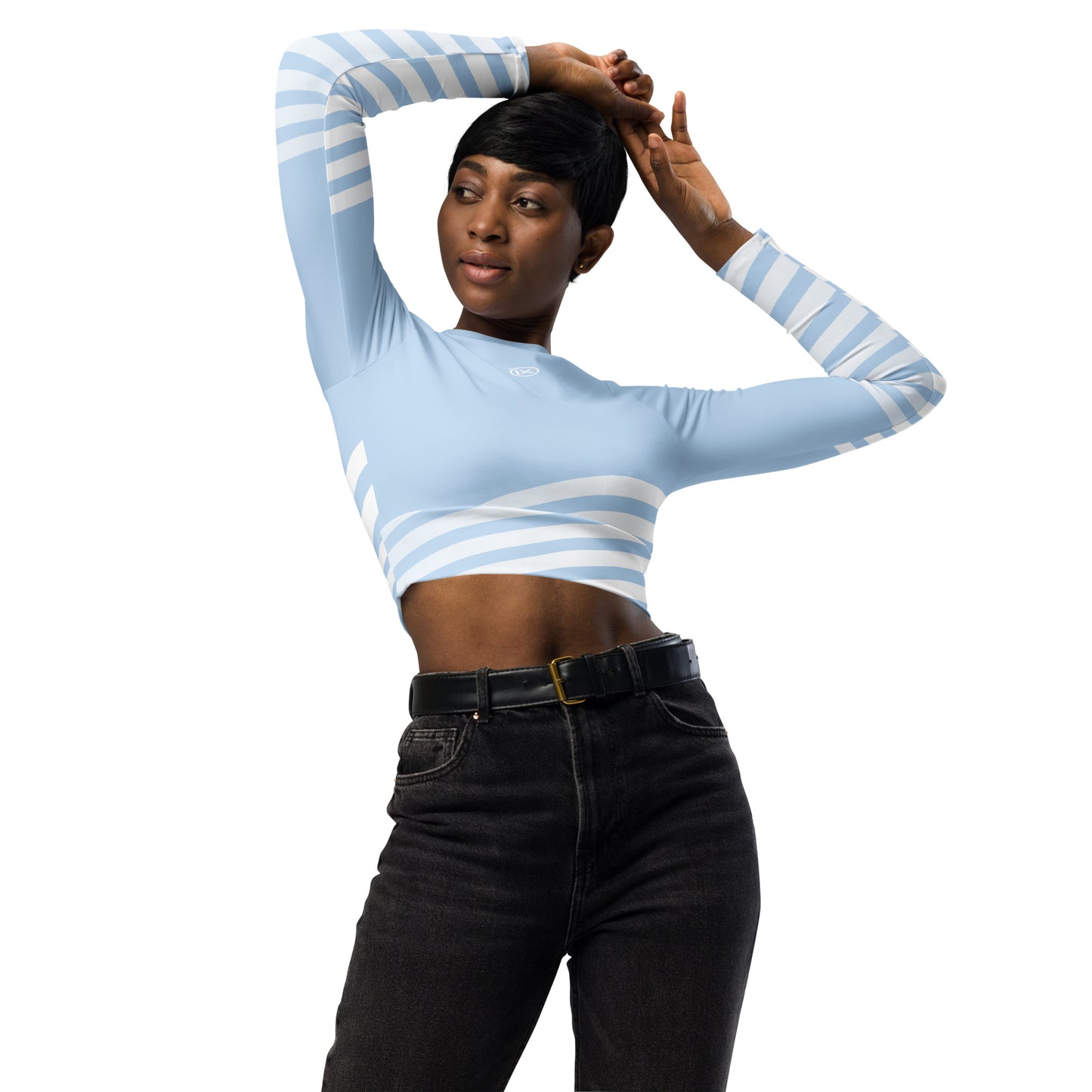 Light blue womens long sleeve crop top, front view with striped sleeves and cropped hem