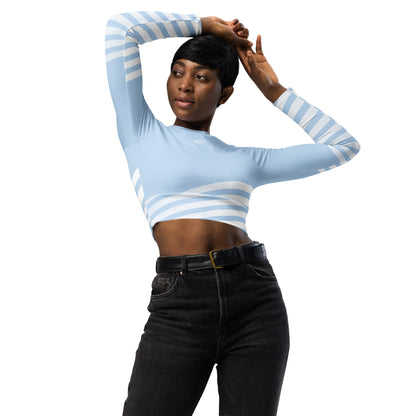 Light blue womens long sleeve crop top, front view with striped sleeves and cropped hem