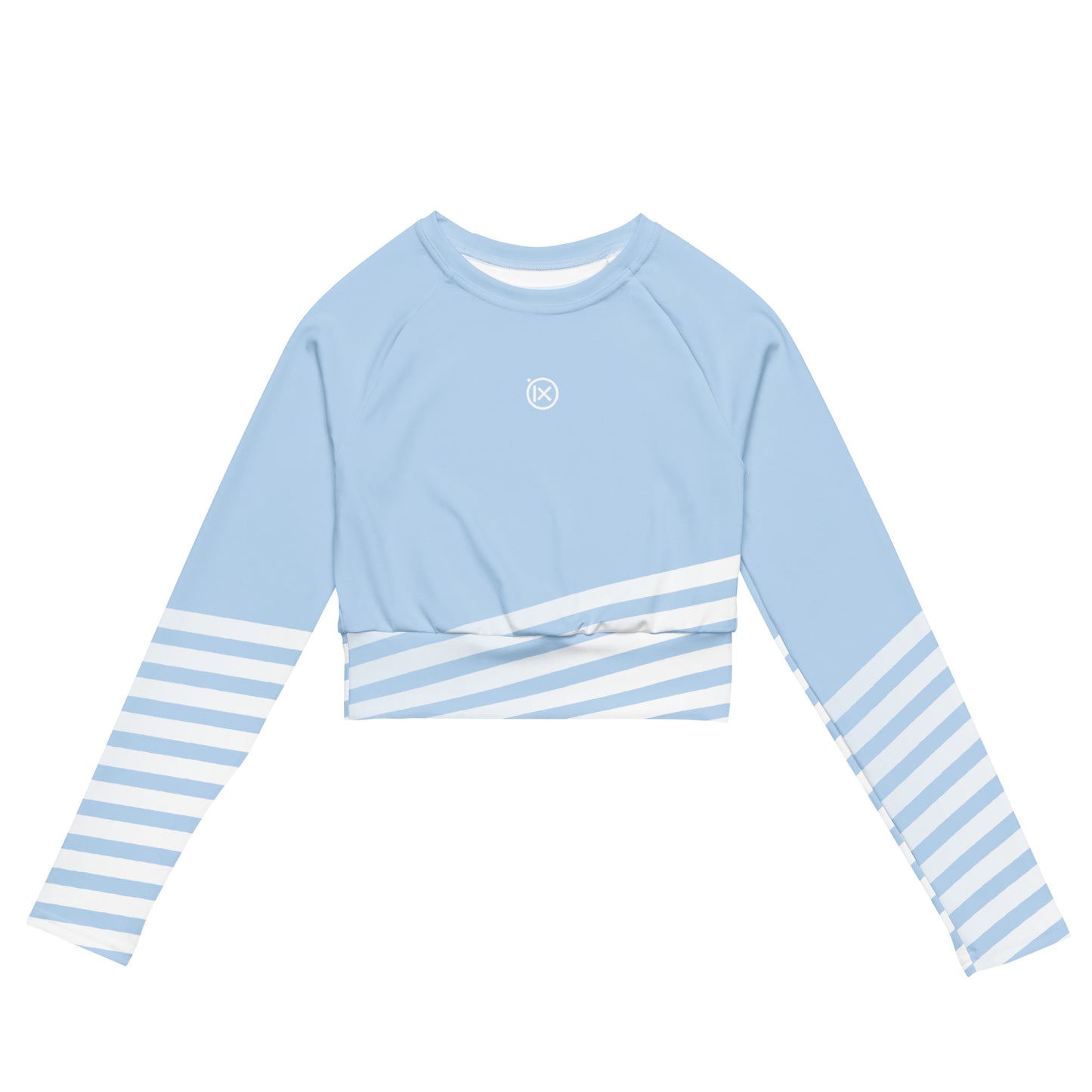 Light blue long-sleeve crop top with white-and-blue horizontal striped band