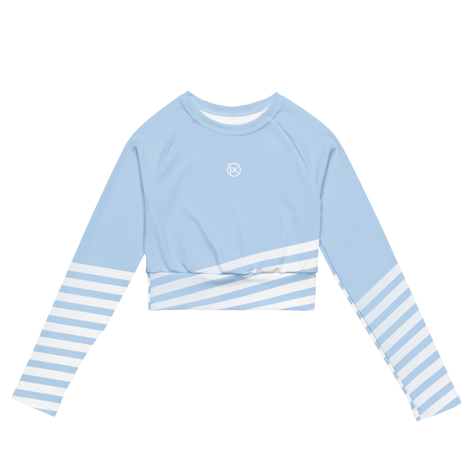 Light blue long-sleeve crop top with white-and-blue horizontal striped band
