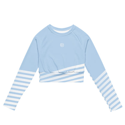 Light blue long-sleeve crop top with white-and-blue horizontal striped band
