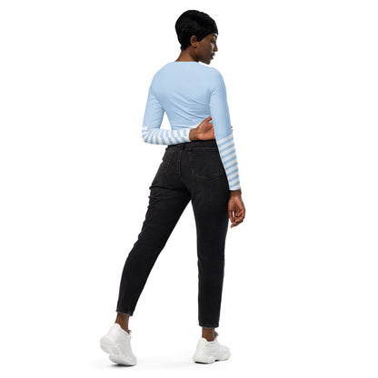 Light blue womens long sleeve crop top, back view with white-and-blue striped sleeves