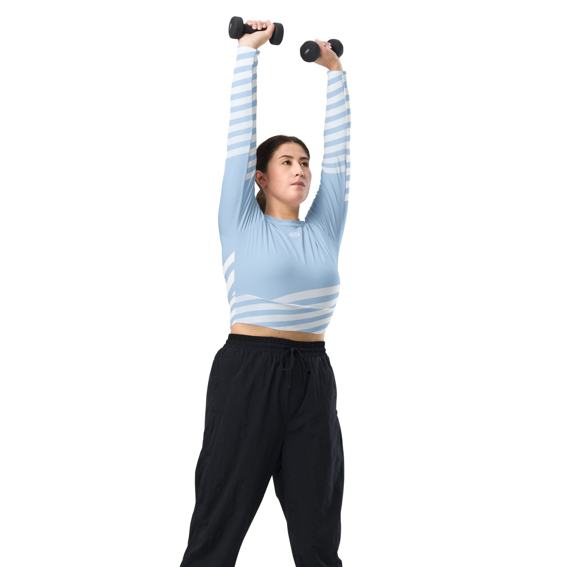 Light blue long-sleeve crop top with white-and-blue striped sleeves and waistband stripe
