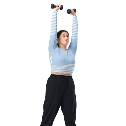 Light blue long-sleeve crop top with white-and-blue striped sleeves and waistband stripe