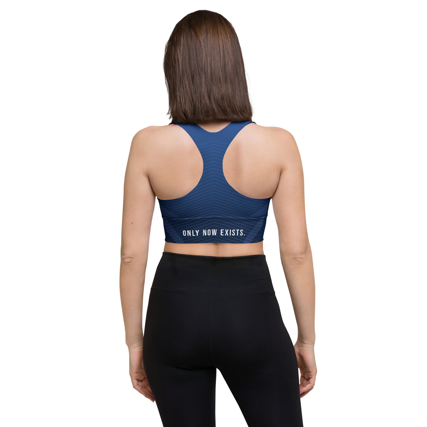 Women’s sports bra (polyester) dark blue with racerback back view and scoop neckline