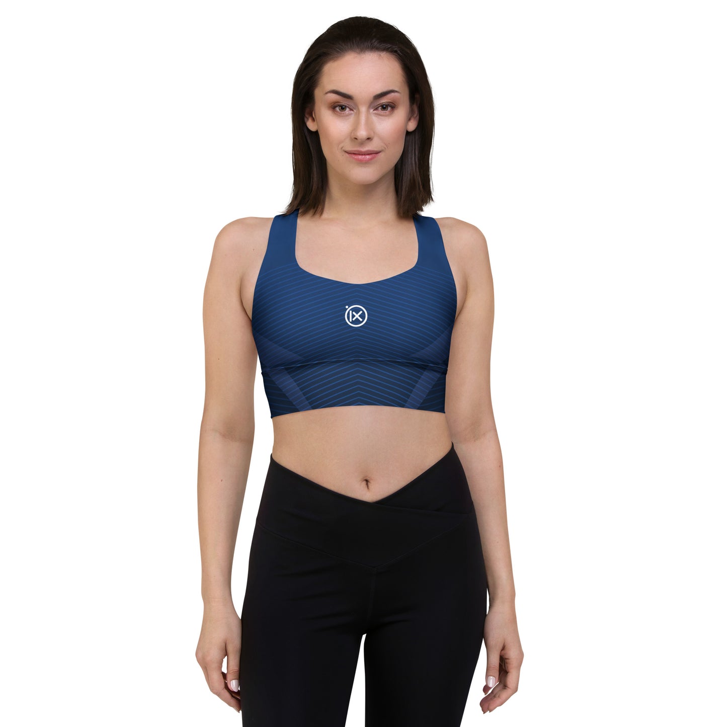 Women’s sports bra (polyester) dark blue patterned front with scoop neckline and racerback