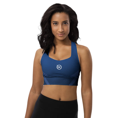 Women’s sports bra (polyester) dark blue patterned front with wide racerback strap