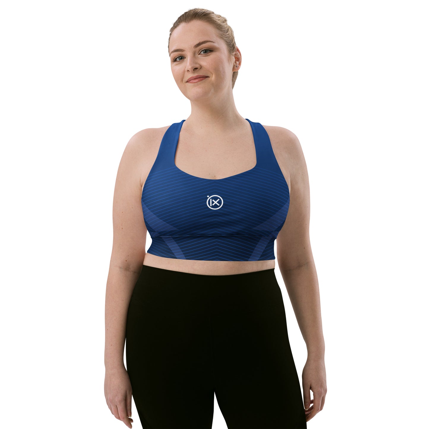 Blue patterned sports bra with scoop neckline and wide straps, ix logo centered on chest.