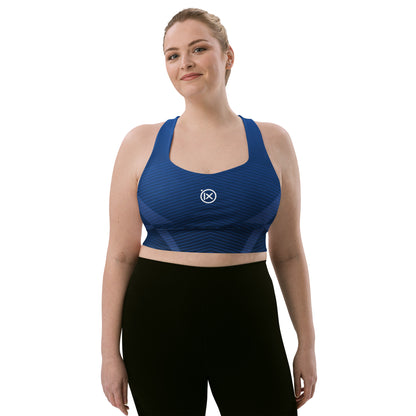 Blue patterned sports bra with scoop neckline and wide straps, ix logo centered on chest.