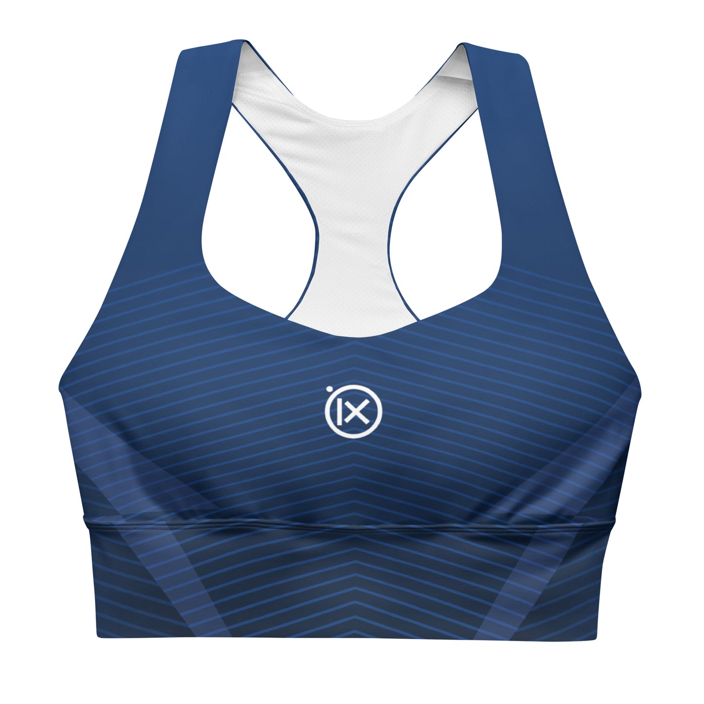 Women’s sports bra (polyester) in dark blue with racerback and white mesh-lined cups