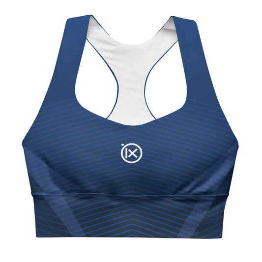 Women’s sports bra (polyester) in dark blue with racerback and white mesh-lined cups