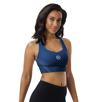Blue patterned sports bra with scoop neckline and wide straps, ix logo on center front.