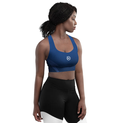 Blue patterned sports bra with racerback-style wide straps; ix logo visible on front.