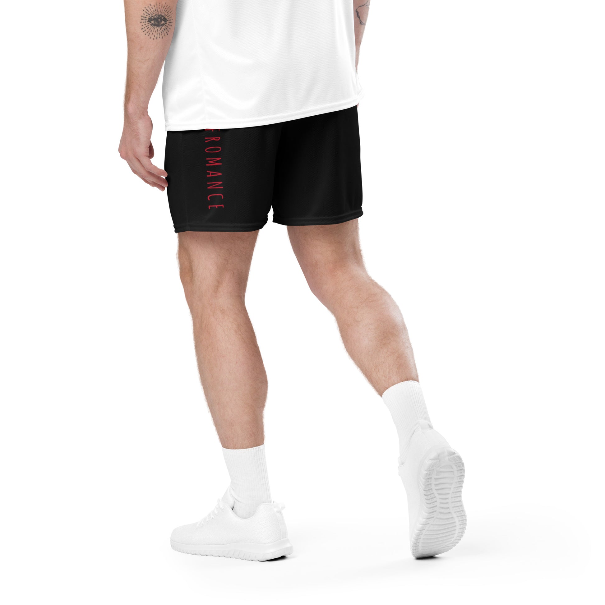Performance mesh short with red logo text on black fabric