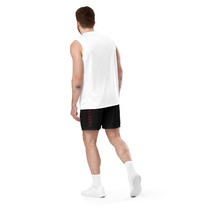 Performance mesh short with red logo text on back, black