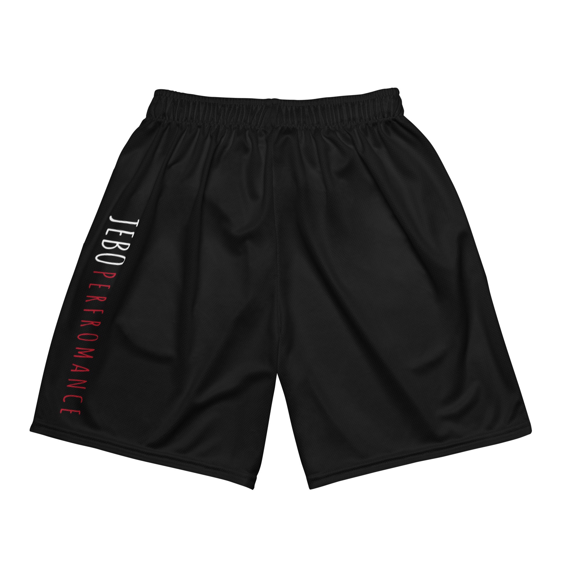 Black performance mesh short with inner logo patch and red side text