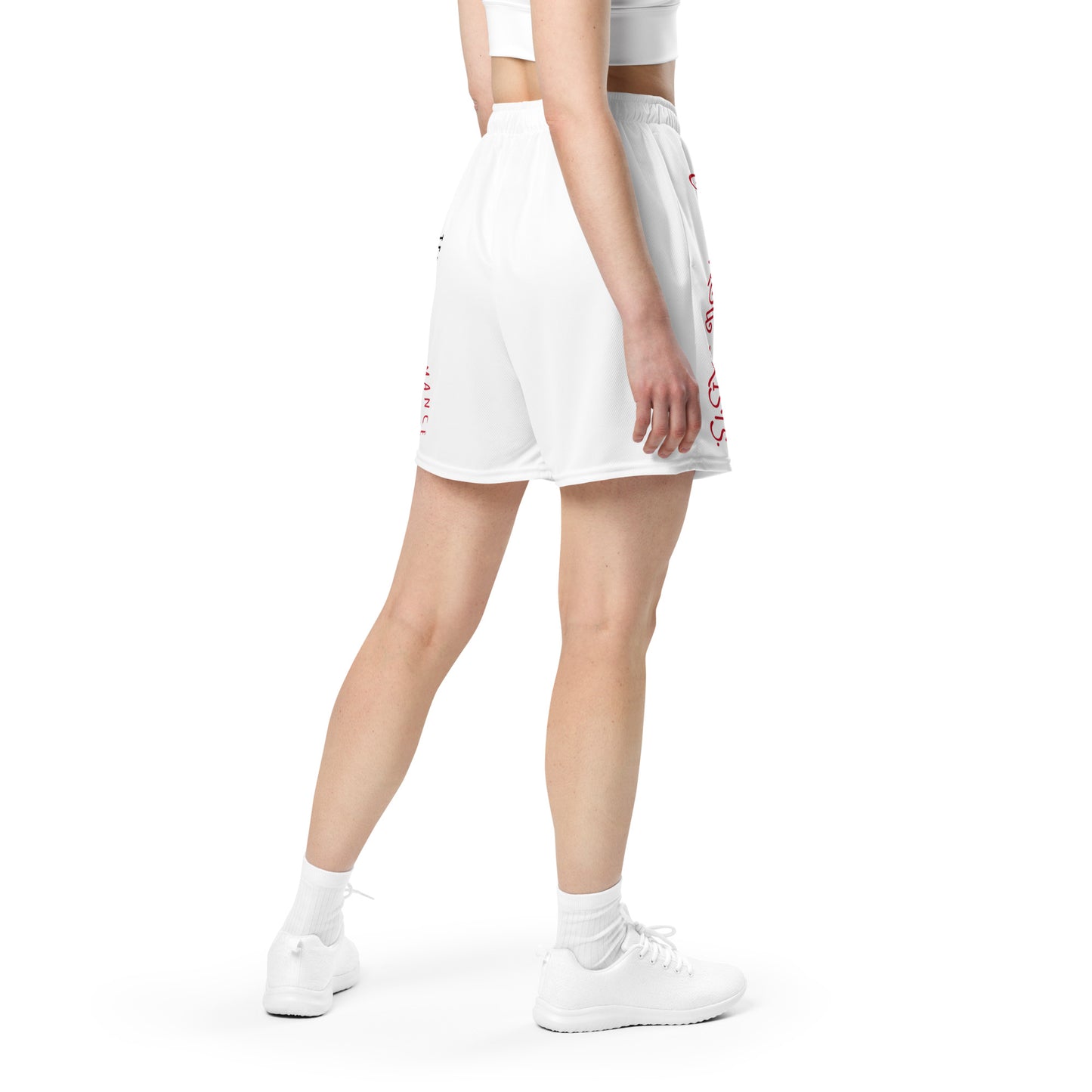 White performance mesh short side view with vertical logo text on the leg