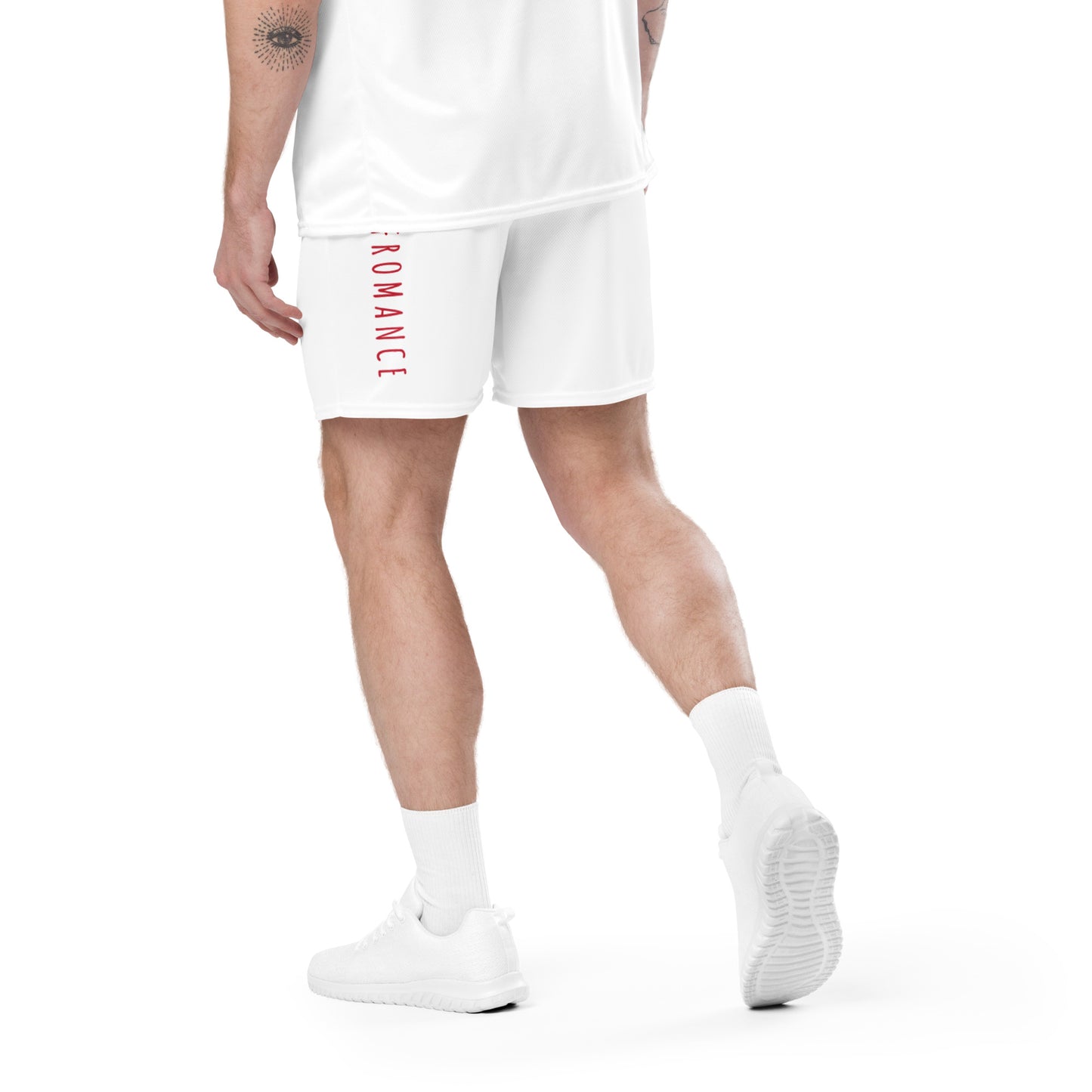White mesh shorts back view, elastic waist with drawcord and logo tag