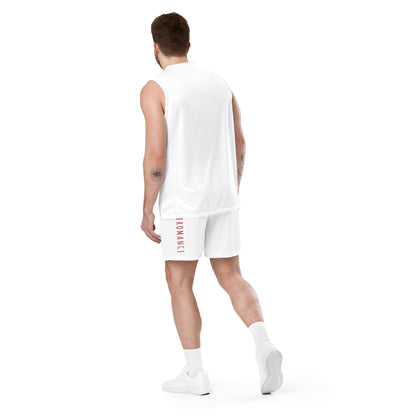 White mesh shorts on model, back logo print and knee-length hem